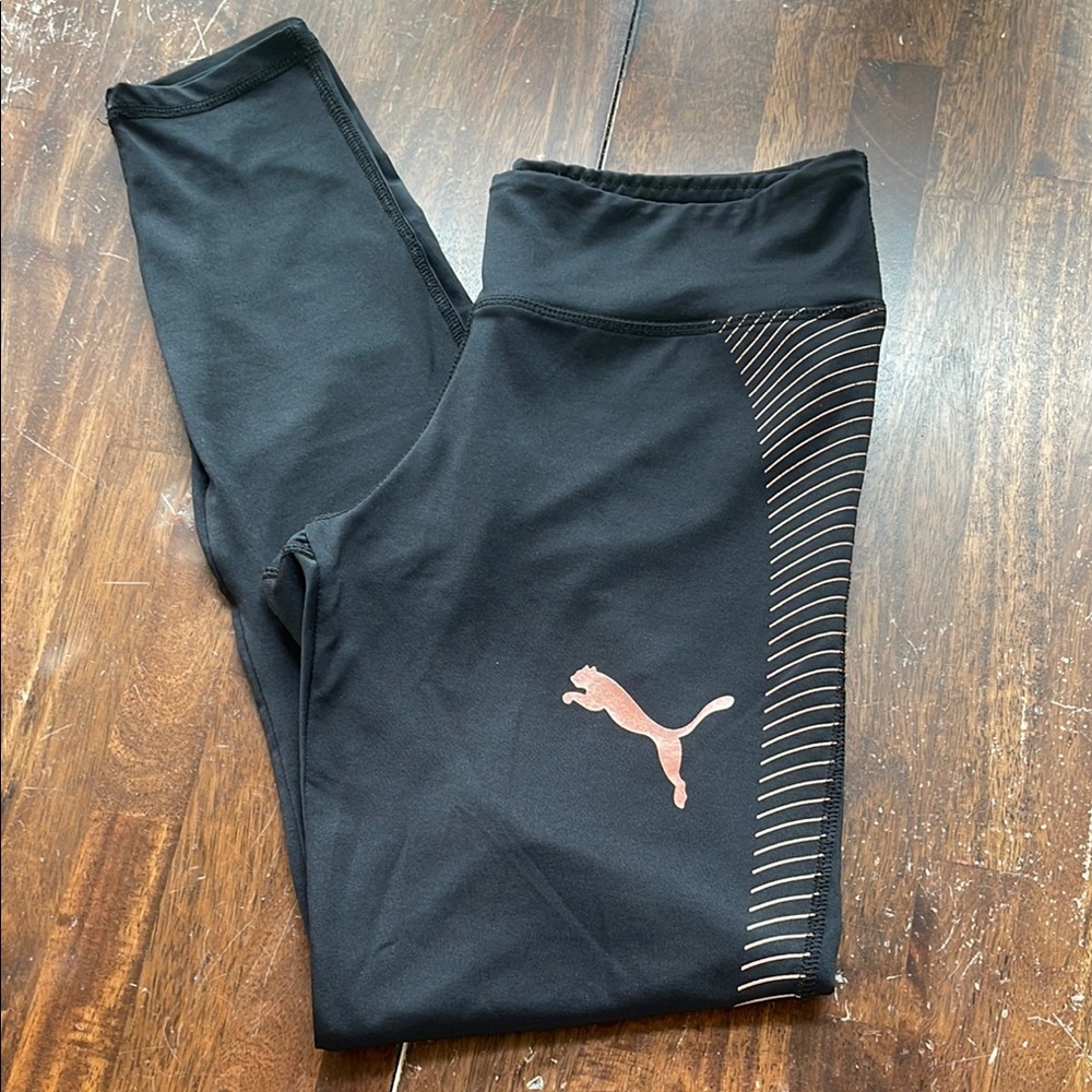 Puma Women's Leggings Black Rose Gold Cat Logo Striped Athletic Full Length Sz M